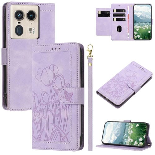 Funda de Cuero con Relieve de Tulipanes para Motorola Edge 50 Ultra con Cordón (Morado)