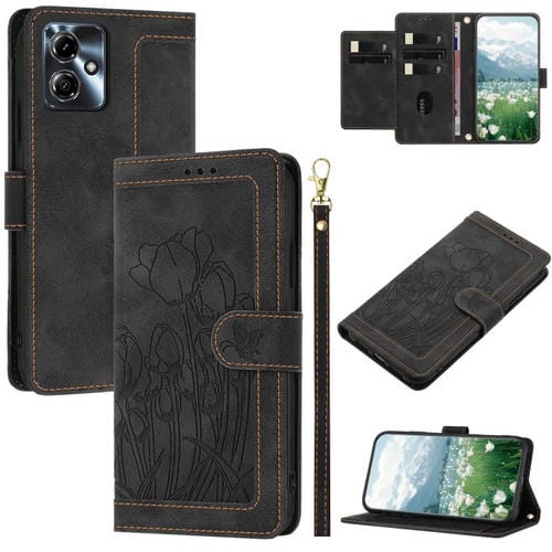Funda de Cuero con Relieve de Tulipanes para Motorola Moto G14/G54 con Cordón (Negro)