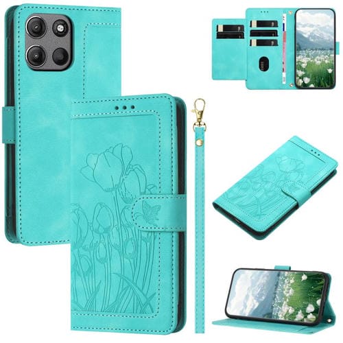 Funda de Cuero con Relieve de Tulipanes para Motorola Moto G Play 2025 con Cordón (Verde)