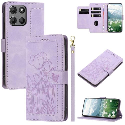 Funda de Piel con Relieve de Tulipanes para Motorola Moto G 5G (2025) con Cordón (Morado)
