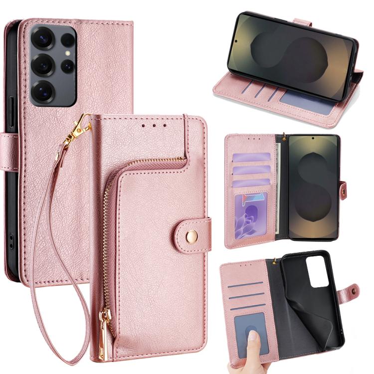 Funda de cuero con cremallera para Samsung Galaxy S25 Ultra 5G (oro rosa)