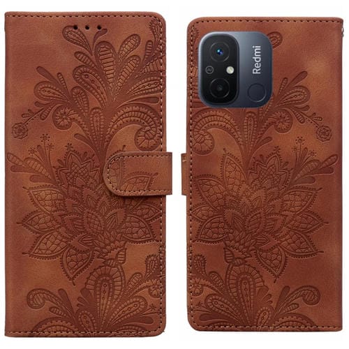 Funda de Teléfono con Hebilla Magnética y Encaje Floral En Relieve para Redmi 11A/12C (Marrón)