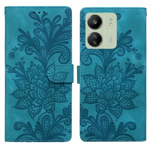 Funda de Teléfono con Hebilla Magnética de Pu con Encaje Floral En Relieve y Correa para la Muñeca para Redmi 13C (Verde)