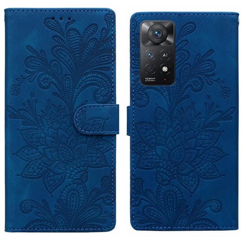 Funda de Teléfono con Hebilla Magnética de Pu con Encaje Floral En Relieve para Redmi Note 11 Pro 5G con Correa para la Muñeca (Azul)