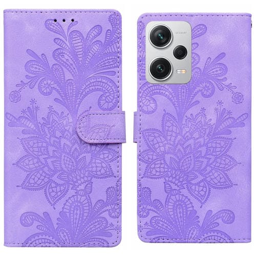 Funda de Teléfono con Hebilla Magnética y Encaje Floral En Relieve para Redmi Note 12 Pro+ 5G, con Correa para la Muñeca (Morado)