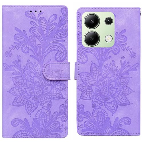 Funda de Teléfono con Hebilla Magnética y Encaje Floral En Relieve para Redmi Note 13 4G (Púrpura)