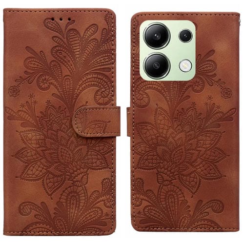 Funda de Teléfono con Hebilla Magnética y Encaje Floral En Relieve para Redmi Note 13 4G (Marrón)