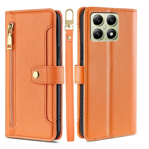 Funda De Cuero Tipo Billetera Con Cremallera Y Textura De Oveja Para Xiaomi 14T 5G (Naranja)