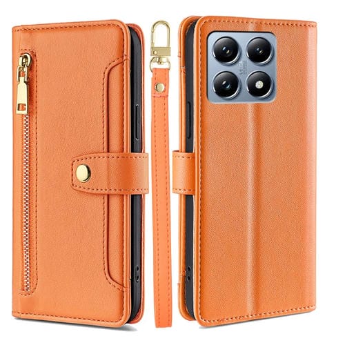 Funda de Cuero con Cremallera y Textura de Oveja para Xiaomi 14T Pro 5G (Naranja)