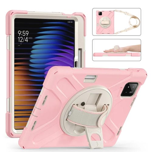 Funda Híbrida de Silicona con Correa para El Hombro y Soporte Giratorio para Xiaomi Pad 7/7 Pro (Rosa Cerezo)