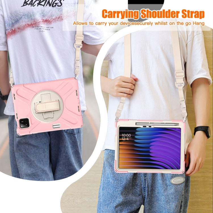 Funda Híbrida de Silicona con Correa para El Hombro y Soporte Giratorio para Xiaomi Pad 7/7 Pro (Rosa Cerezo)