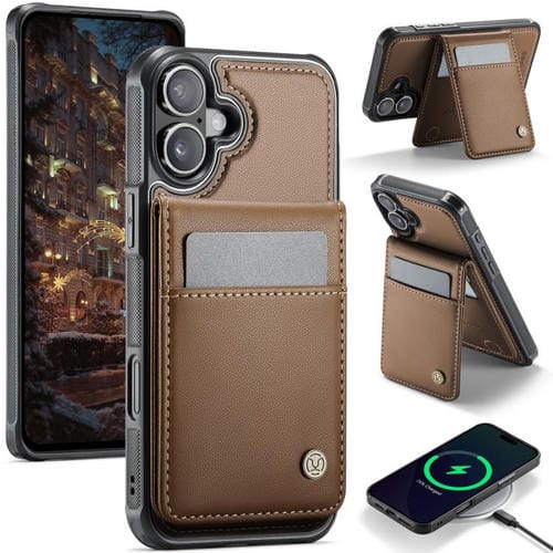 Estuche para Teléfono Jeehood J06 con Tarjetero Rfid Magsafe Estilo Británico para iPhone 16 Plus (Marrón)