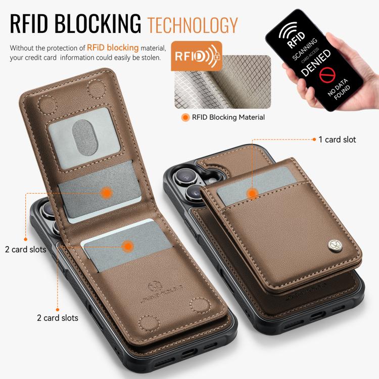 Estuche para Teléfono Jeehood J06 con Tarjetero Rfid Magsafe Estilo Británico para iPhone 16 Plus (Marrón)