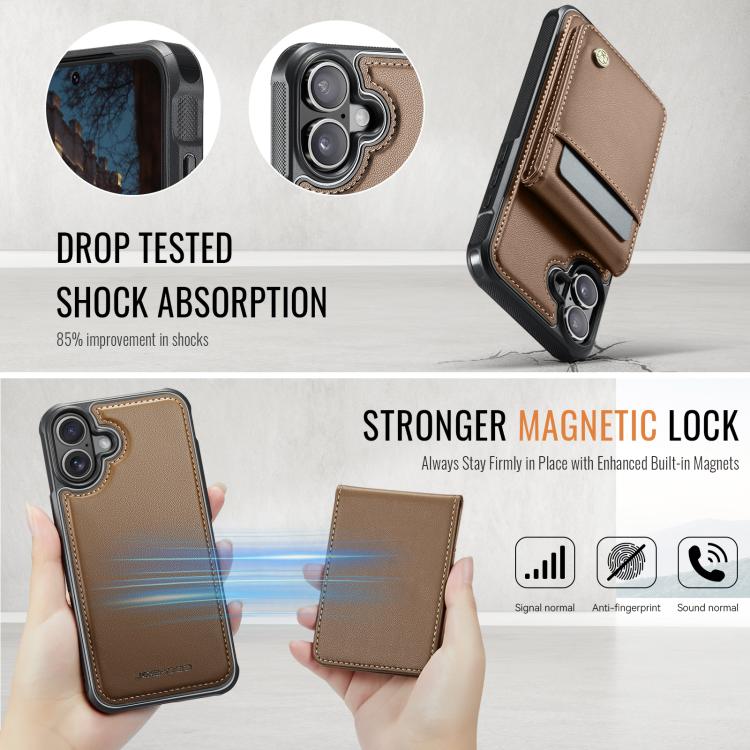Estuche para Teléfono Jeehood J06 con Tarjetero Rfid Magsafe Estilo Británico para iPhone 16 Plus (Marrón)