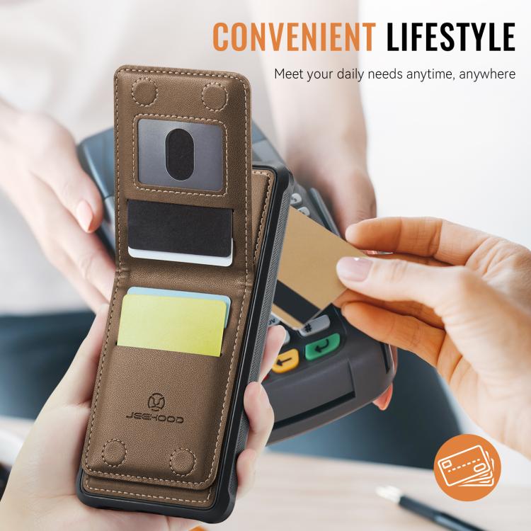 Estuche para Teléfono Jeehood J06 con Tarjetero Rfid Magsafe Estilo Británico para iPhone 16 Plus (Marrón)