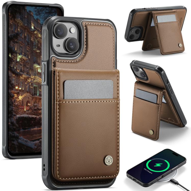 Funda de Pu para iPhone 15 Plus Jeehood J06 con Tarjetero Rfid Magsafe Estilo Británico (Marrón)