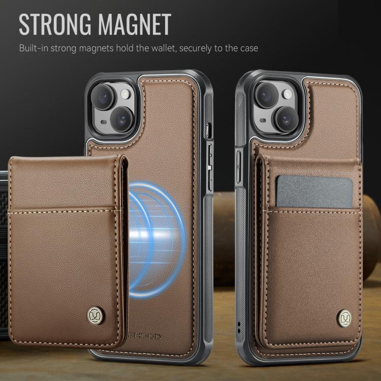 Funda de Pu para iPhone 15 Plus Jeehood J06 con Tarjetero Rfid Magsafe Estilo Británico (Marrón)