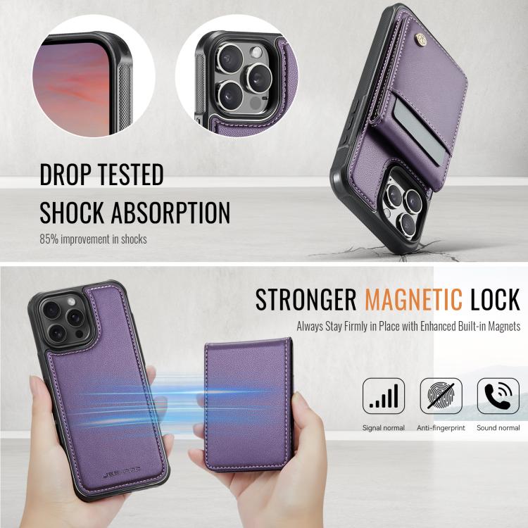 Funda de Pu para iPhone 15 Pro Jeehood J06 con Tarjetero Rfid Magsafe Estilo Británico (Morado)