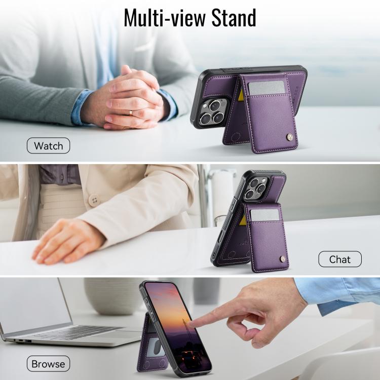 Funda de Pu para iPhone 15 Pro Jeehood J06 con Tarjetero Rfid Magsafe Estilo Británico (Morado)