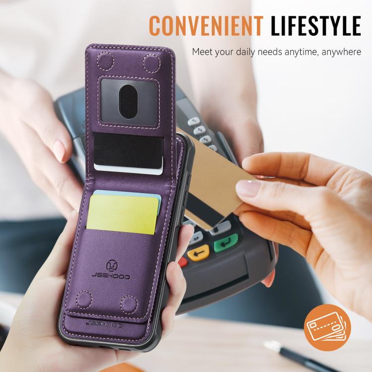 Funda de Pu para iPhone 15 Pro Jeehood J06 con Tarjetero Rfid Magsafe Estilo Británico (Morado)