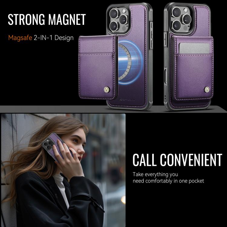 Funda de Pu para iPhone 15 Pro Jeehood J06 con Tarjetero Rfid Magsafe Estilo Británico (Morado)