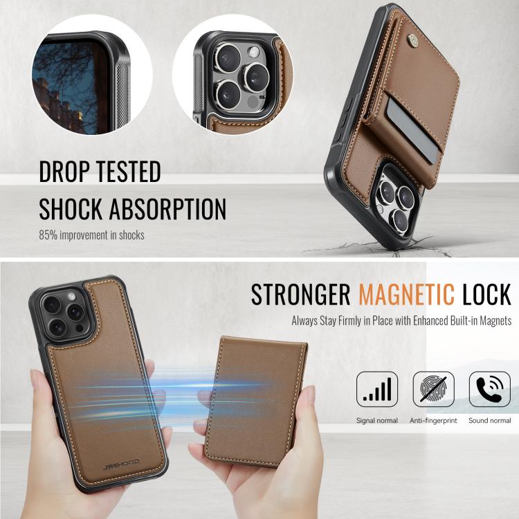 Estuche para teléfono Jeehood J06 con tarjetero RFID Magsafe para iPhone 15 Pro (Marrón)
