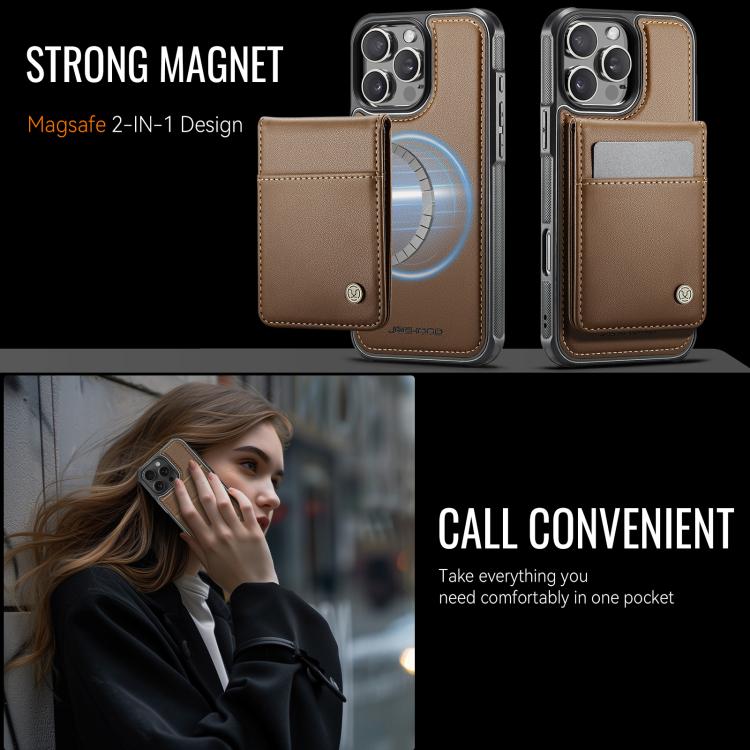 Estuche para teléfono Jeehood J06 con tarjetero RFID Magsafe para iPhone 15 Pro (Marrón)