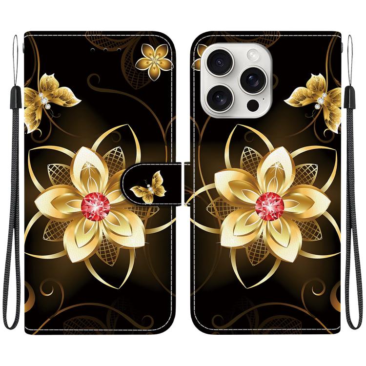 Funda de Cuero iPhone 16 Pro Max Dibujo de Colores Textura de Cristal (Flor Dorada)