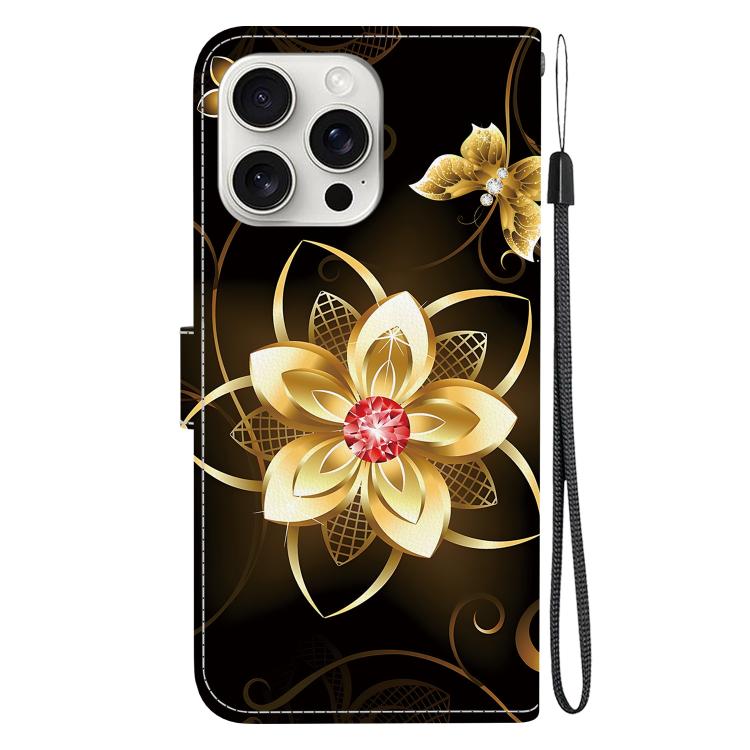 Funda de Cuero iPhone 16 Pro Max Dibujo de Colores Textura de Cristal (Flor Dorada)