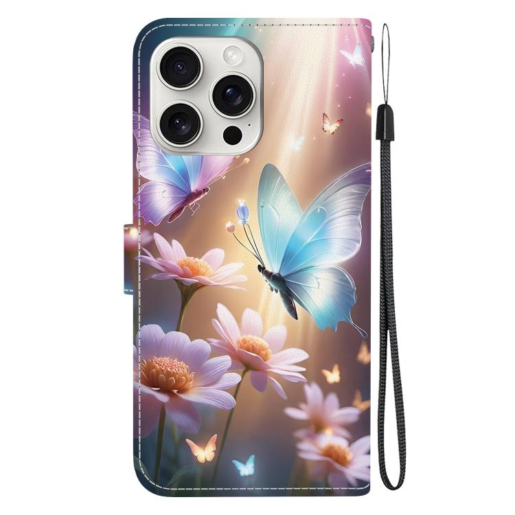 Funda de Cuero para iPhone 16 Pro Max con Dibujo de Colores y Textura de Cristal (Mariposa, Amor y Flores)