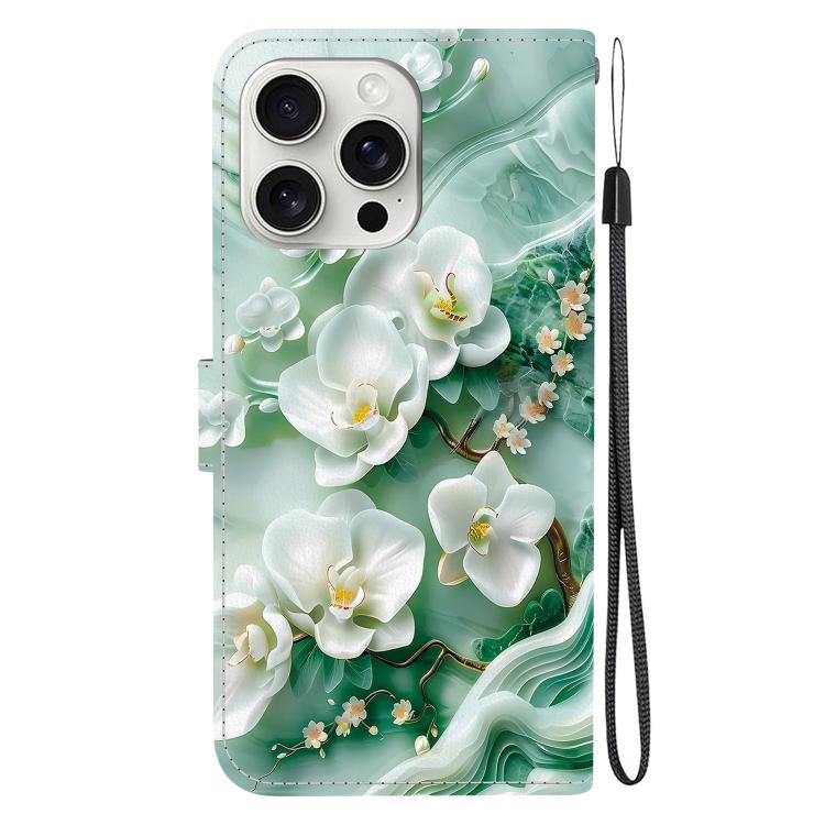 Funda de Cuero para iPhone 16 Pro Max con Dibujo de Colores y Textura de Cristal (Flores de Jade)