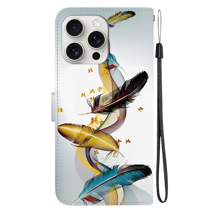 Funda de Cuero para iPhone 16 Pro con Dibujo de Colores y Textura de Cristal (Plumas de Mariposa Doradas)