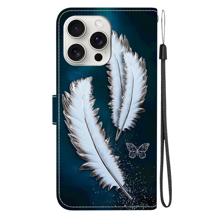 Funda de Cuero para iPhone 16 Pro con Dibujo de Colores y Textura de Cristal (Plumas de Mariposa Blancas)