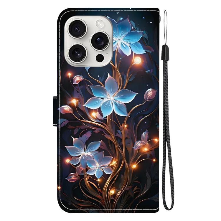 Funda de Cuero iPhone 16 Pro Dibujo Colores Textura Cristal Flor Linterna Pequeña
