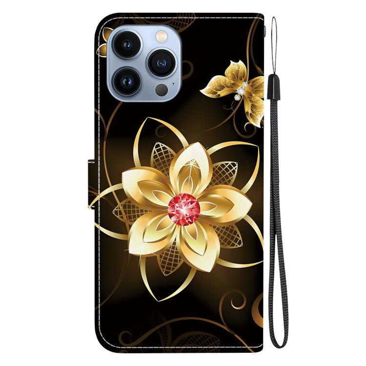 Funda de Cuero con Dibujo de Colores y Textura de Cristal para iPhone 15 Pro Max (Flor Dorada)