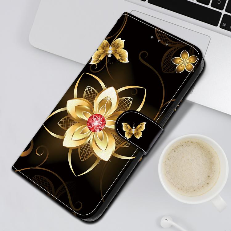 Funda de Cuero con Dibujo de Colores y Textura de Cristal para iPhone 15 Pro Max (Flor Dorada)
