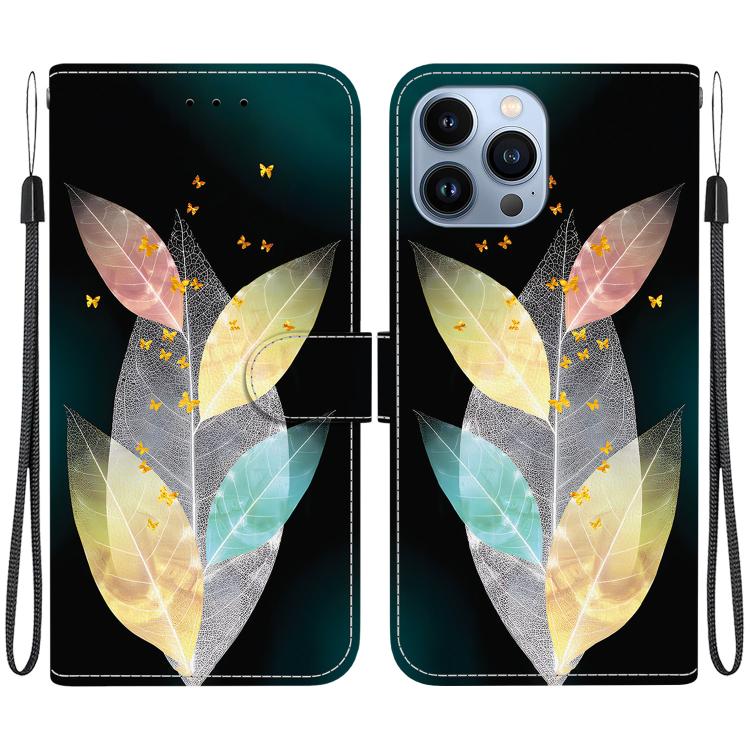 Funda de Cuero iPhone 15 Pro Max Dibujo de Colores Textura de Cristal (Hojas de Colores)
