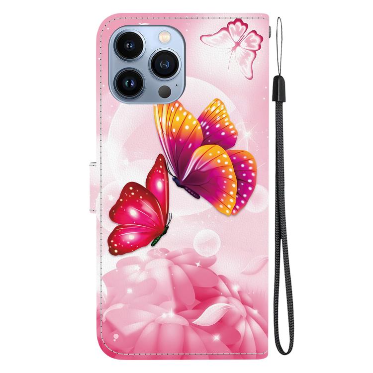 Funda de Cuero para iPhone 15 Pro Max con Dibujo de Colores y Textura de Cristal (Mariposas Rosas)