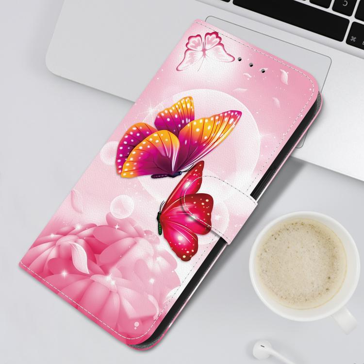 Funda de Cuero para iPhone 15 Pro Max con Dibujo de Colores y Textura de Cristal (Mariposas Rosas)