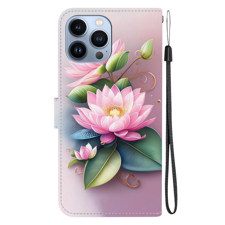 Funda de Cuero para iPhone 15 Pro Max con Dibujo de Colores y Textura de Cristal (Lotus)