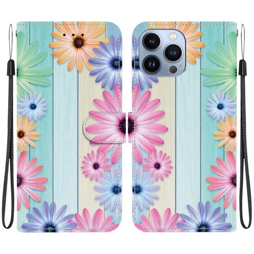 Funda de Cuero para iPhone 15 Pro Max con Dibujo de Colores y Textura de Cristal (Girasoles)