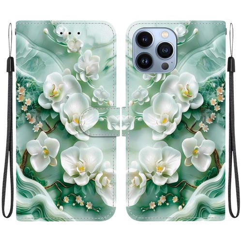 Funda de Cuero iPhone 15 Pro Max Dibujo de Colores Textura de Cristal (Flores de Jade)