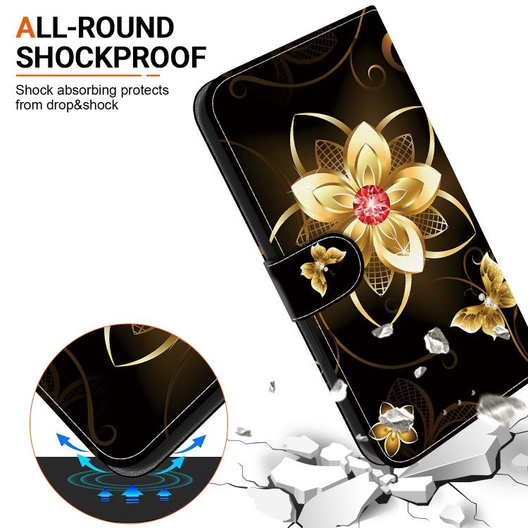 Funda de Cuero para iPhone 15 Pro con Dibujo de Colores y Textura de Cristal (Flor Dorada)
