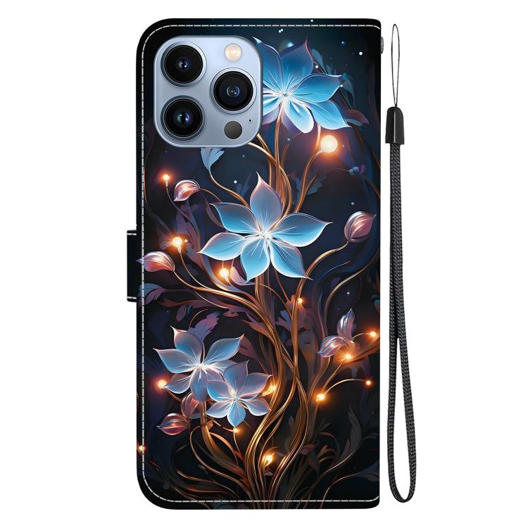 Funda de Cuero para iPhone 15 Pro con Dibujo de Colores y Textura de Cristal (Flor de Linterna Pequeña)