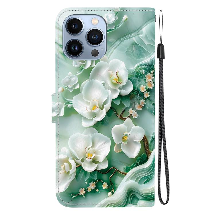 Funda de Cuero para iPhone 15 Pro con Dibujo de Colores y Textura de Cristal (Flores de Jade)