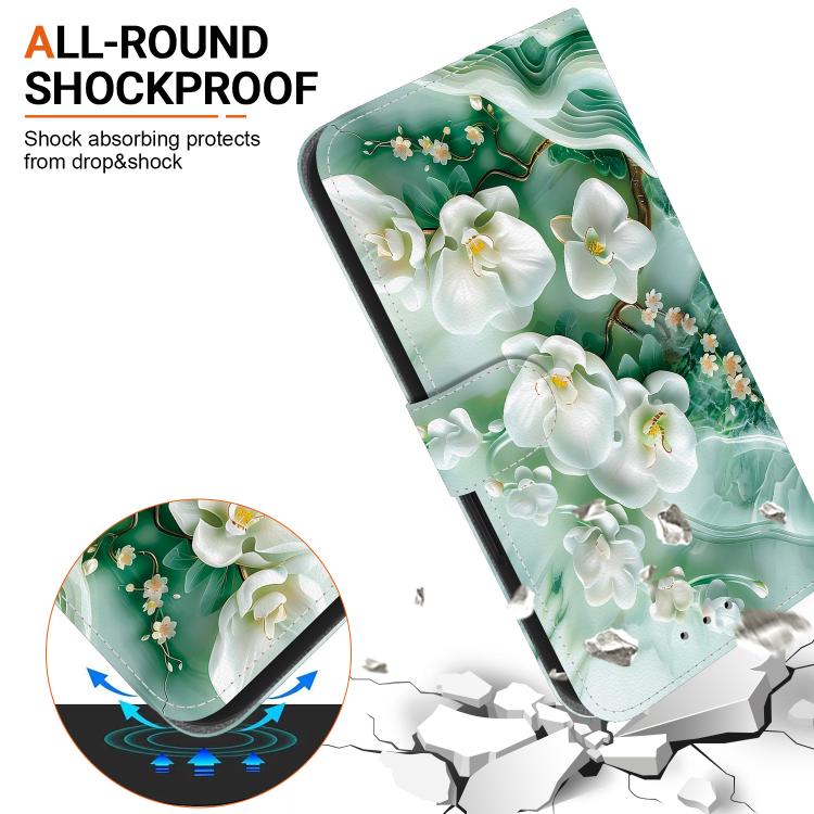 Funda de Cuero para iPhone 15 Pro con Dibujo de Colores y Textura de Cristal (Flores de Jade)