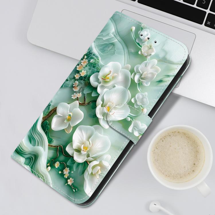 Funda de Cuero para iPhone 15 Pro con Dibujo de Colores y Textura de Cristal (Flores de Jade)