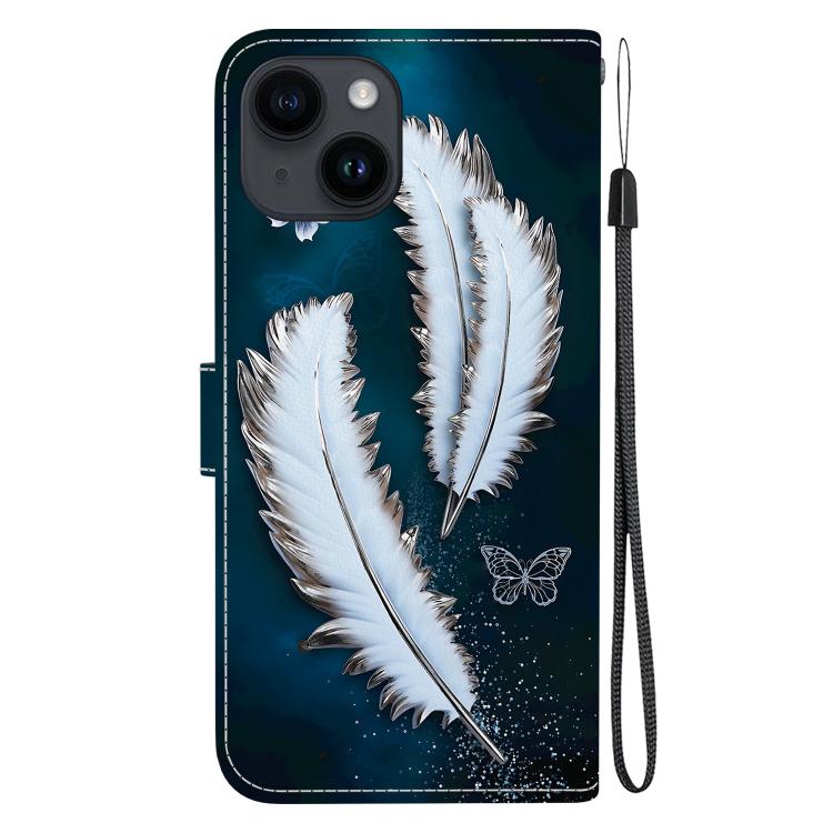 Funda de Cuero iPhone 15 Plus Dibujo Colores Textura Cristal (Plumas de Mariposa Blancas)