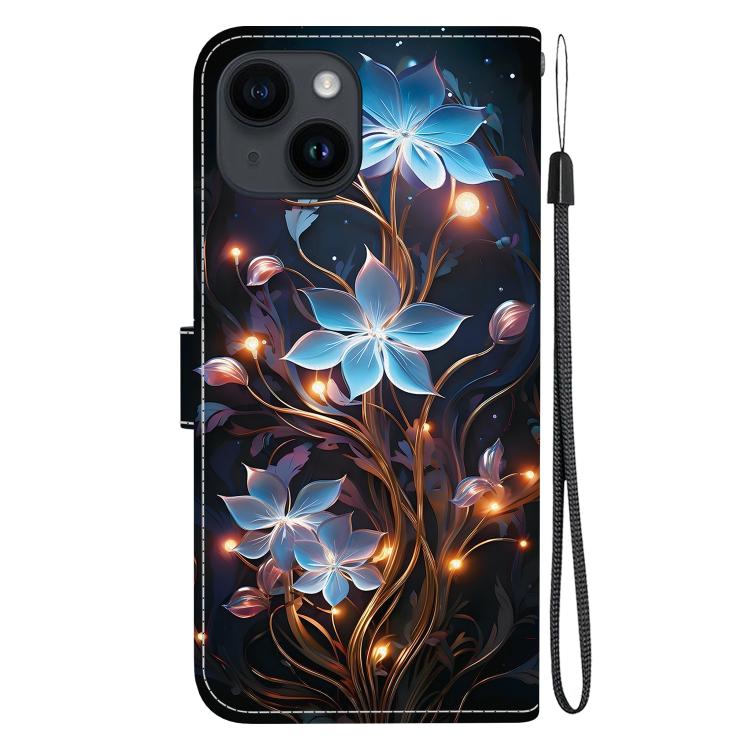 Funda de Cuero iPhone 15 Plus Dibujo Colores Textura Cristal (Flor de Linterna Pequeña)