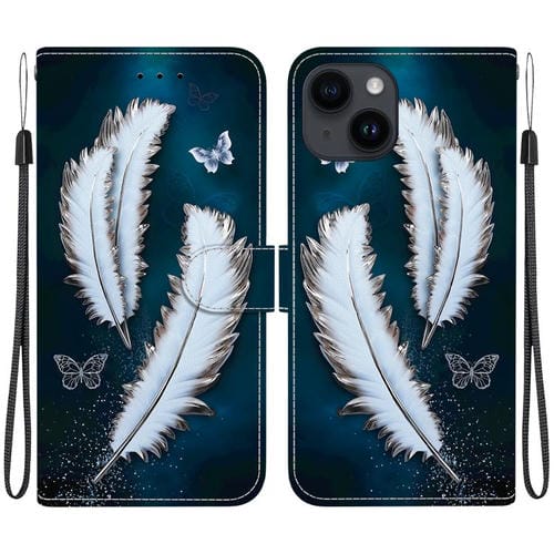 Funda de Cuero para iPhone 15 con Dibujo de Colores y Textura de Cristal (Plumas de Mariposa Blancas)